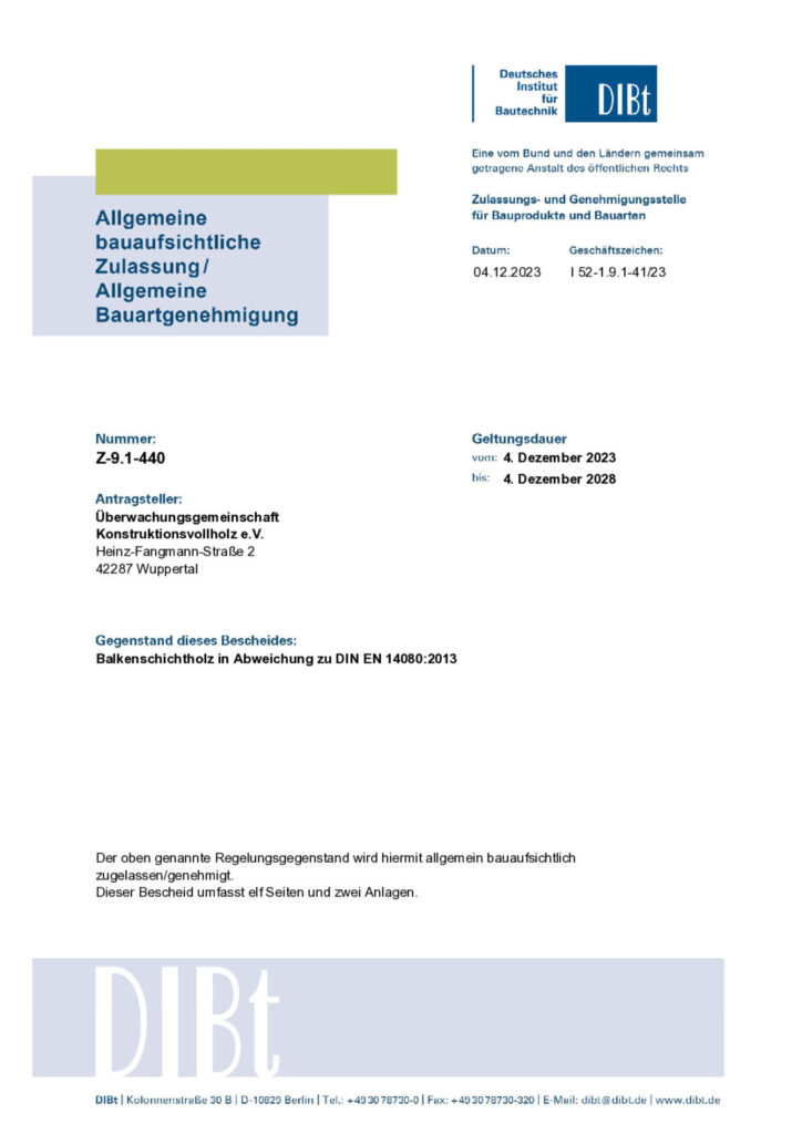 Allgemeine bauaufsichtliche Zulassung über Balkenschichtholz 