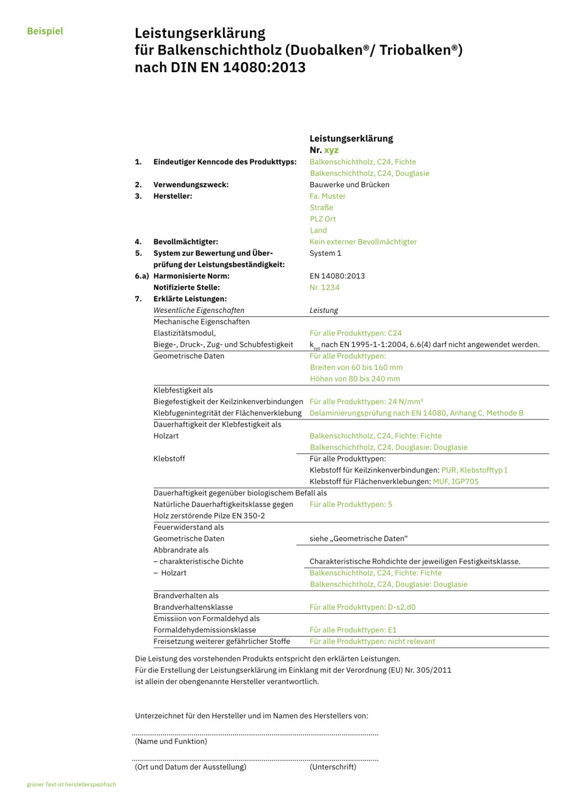 Leistungserklärung für Balkenschichtholz