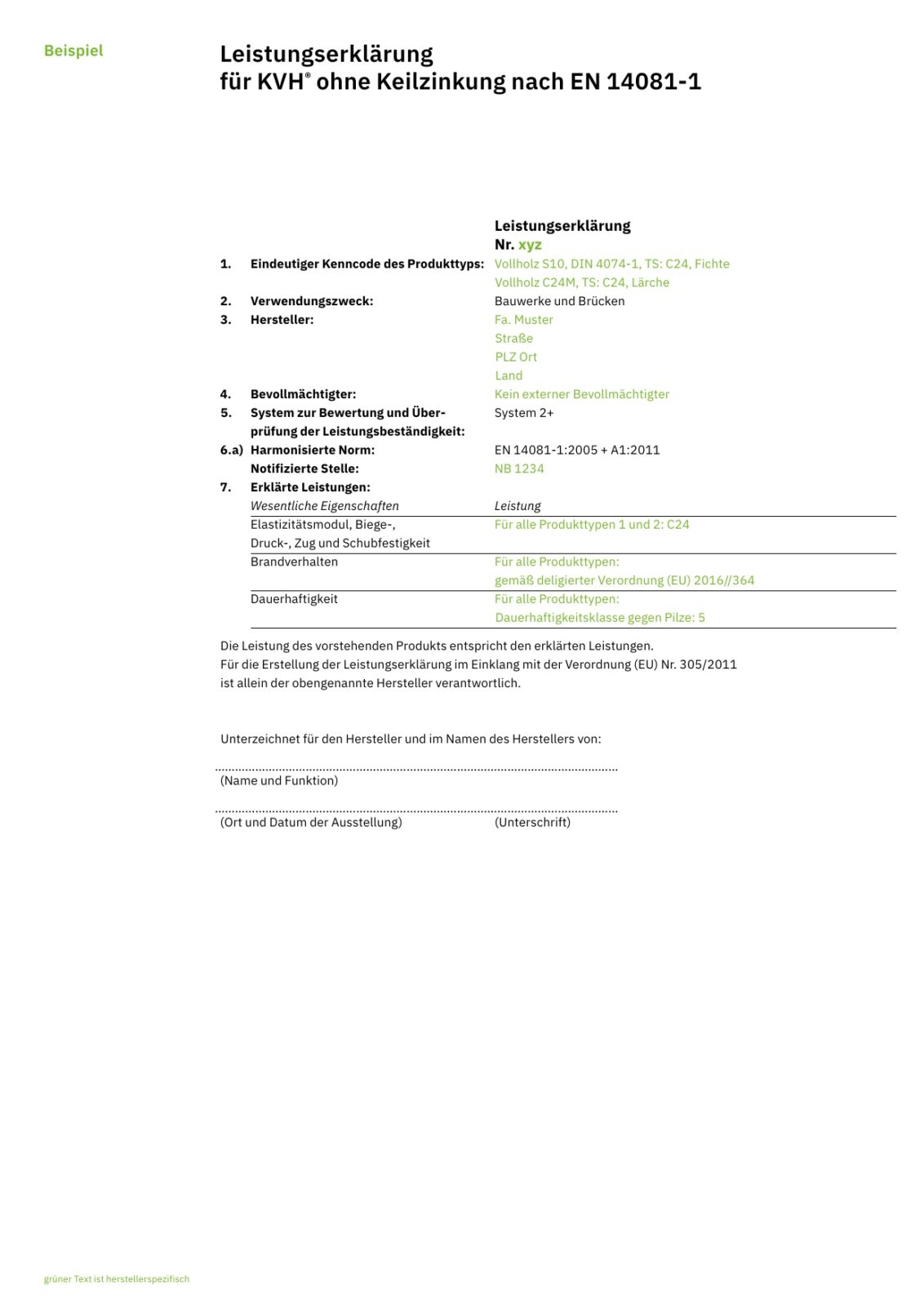 Leistungserklärung für KVH® ohne Keilzinkung